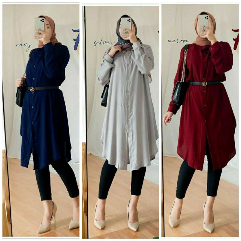 fisa tunik panjang belt maroon, grey, navy / outfit kerja wanita muslim