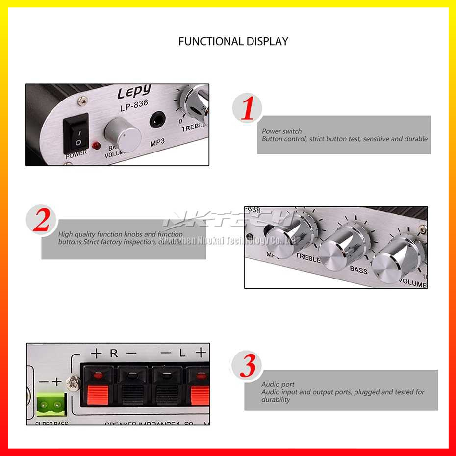Audio Amplifier Hi-Fi Stereo Treble Bass Booster input RCA R/L dan Output RCA Untuk Speaker Stereo Full CNC Aluminium Lepy - LP-838 - 9CSK01BK