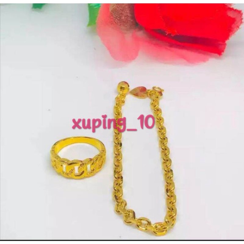 Perhiasan Gelang Tangan + Cincin Wanita Dewasa Xuping Motif Cantik Berlapis Emas