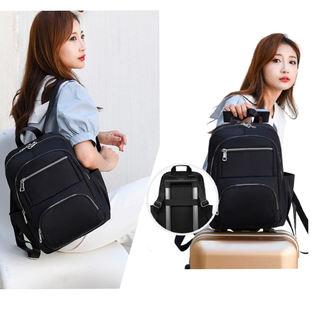 TAS RANSEL WANITA KOREA DICANTI TA398B5 4 RESLETING ANTI AIR HITAM BACKPACK BESAR GENDONG IMPORT ORI