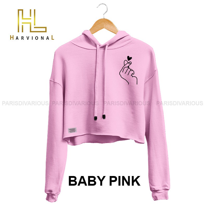 SWEATER CROP HOODIE LOVE HAND KIRI BAHAN FRENCHTERRY TERLARIS