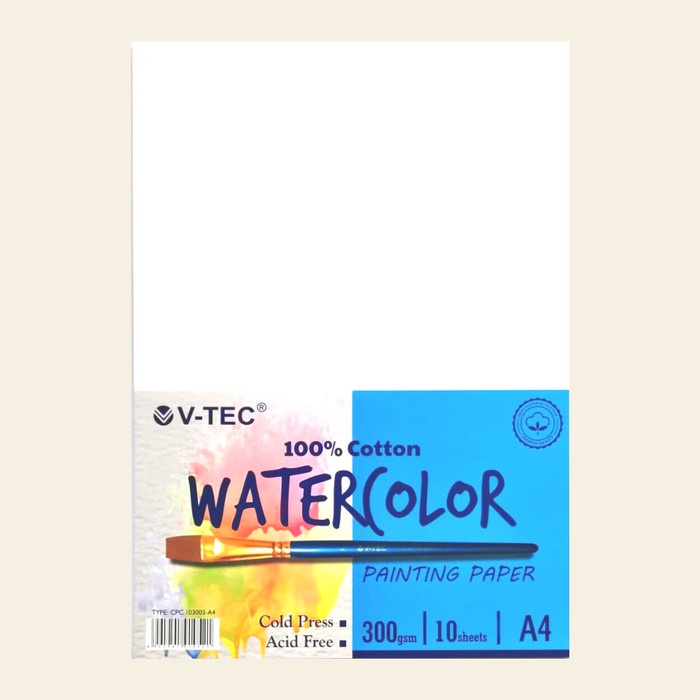 

(1 PACK = 10 LMBR A4 ) COTTON COLD PRESS 300 gsm Kertas Gambar Watercolor Vtec A4 / Water Color Paper / Kertas Watercolour Painting / Water Colour V-Tec