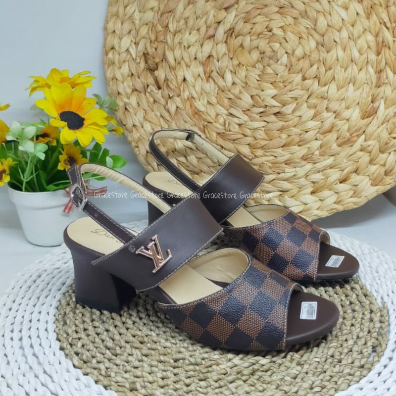 Sandal Tali belakang elvi damier hak tahu High heels cokelat Heels wanita  Pd318