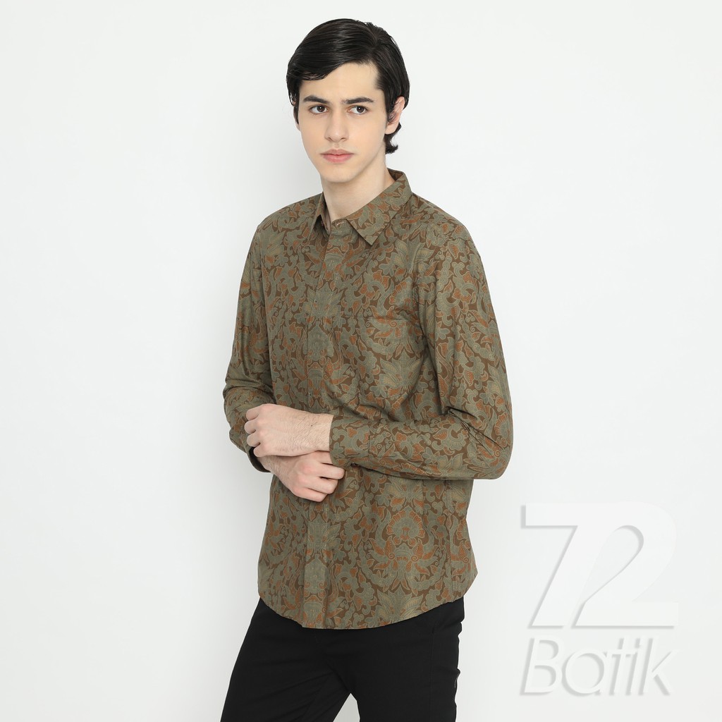 KEMEJA BATIK PRIA Lengan Panjang Slimfit Premium Warna Hijau Army 722412 Cap 72 - Baju Kemeja Atasan Pakaian Setelan Batik Pria Cowok Laki Laki Remaja Keluarga Kantor Lengan Panjang Modern Slimfit Slim Fit Premium Kekinian