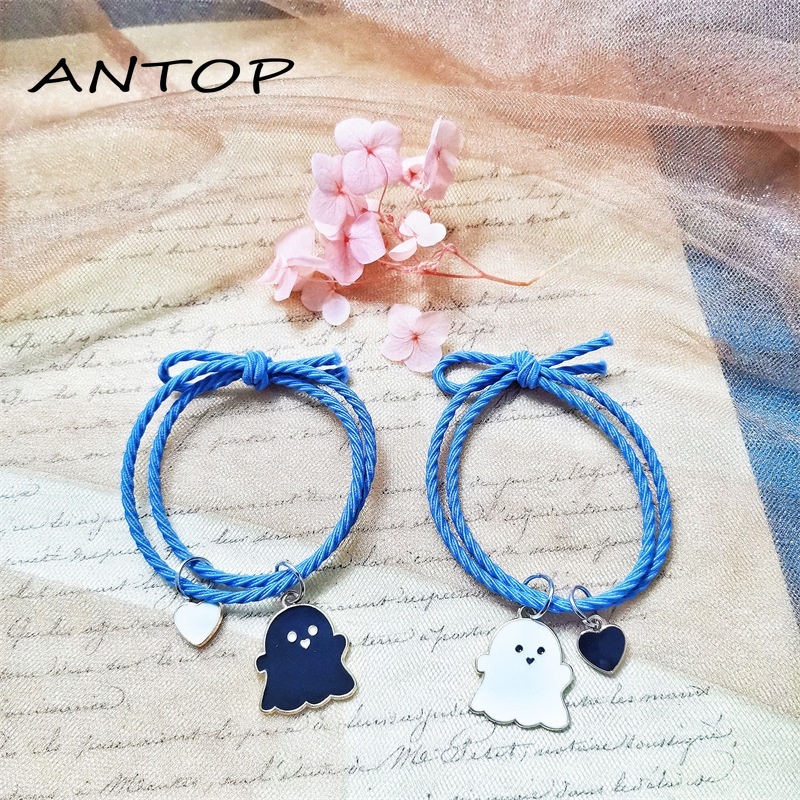 2Pcs Gelang Couple Pasangan Hitam Tenun/Lucu Hantu Magnet Kapel Persahabatan Wanita Dan Pria Adjustable Gelang