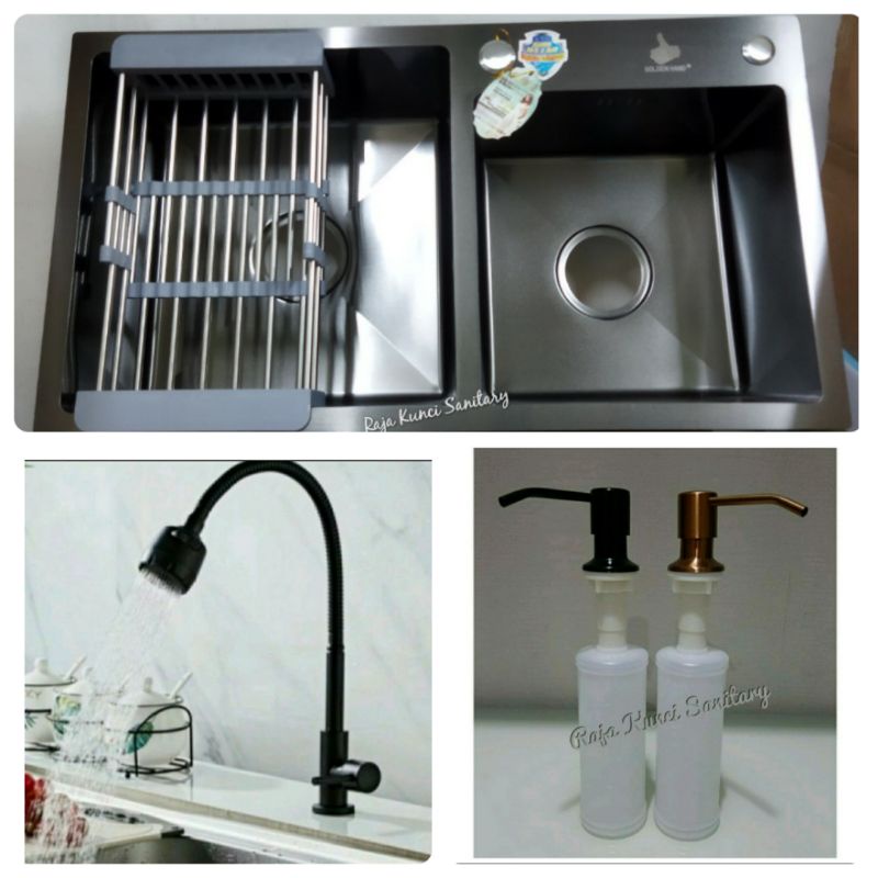 Kitchen Sink 7541 Hitam Onan Golden Hand+Kran Cuci Piring+Tempat Sabun Cair Hitam