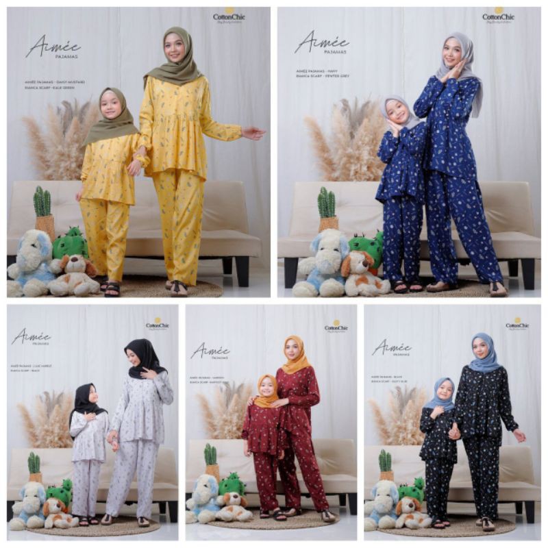 AIMEE PAJAMAS By COTTONCHIC PAJAMAS BAJU TIDUR MOM AND KIDS RAYON PRINTING EKSLUSIF ADEM COUPLE