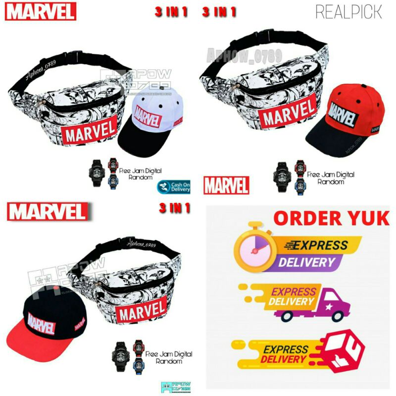 PAKET HEMAT 3IN1 TAS SELEMPANG ANAK TOPI ANAK KARAKTER MARVEL FREE JAM TANGAN DIGITAL WAISTBAG ANAK USIA 2-10 TAHUN TOPI BORDIR