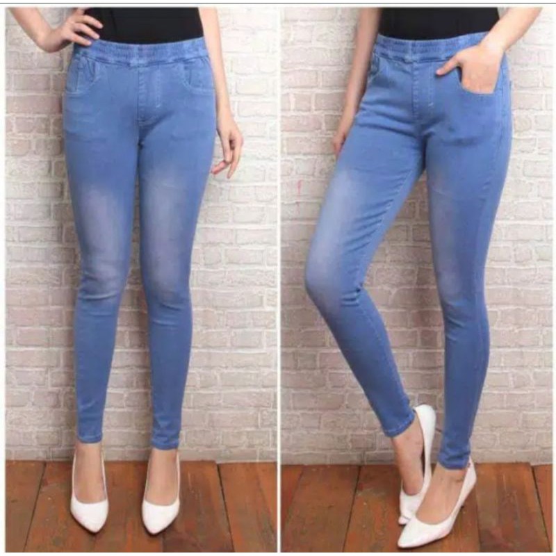 Leging Jeans  Celana Jumbo Wanita Pinggang Karet