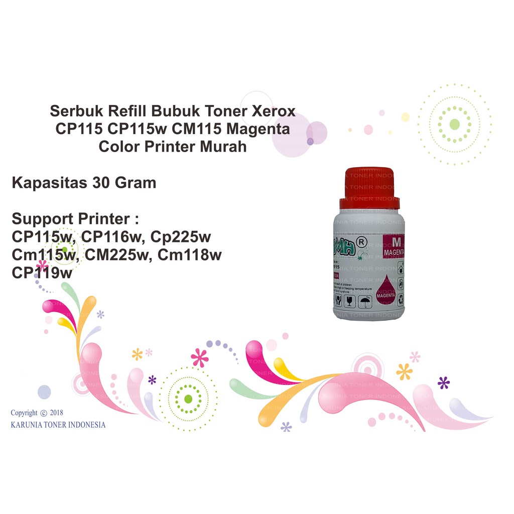 Serbuk Refill Bubuk Toner Xerox CP115 CP115w CM115 Magenta, Color Printer Murah