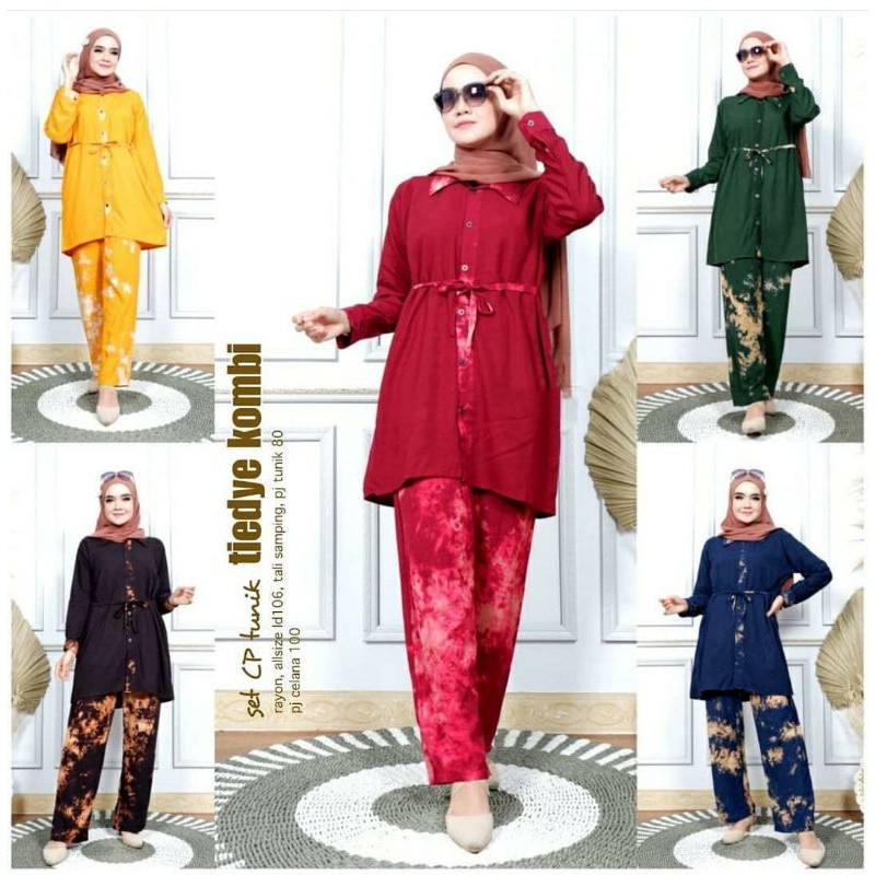 One Set CP Tunik Tiedye Kombi Setelan Baju Celana Batik Handmade Modern Baju Kondangan Pesta Pergi