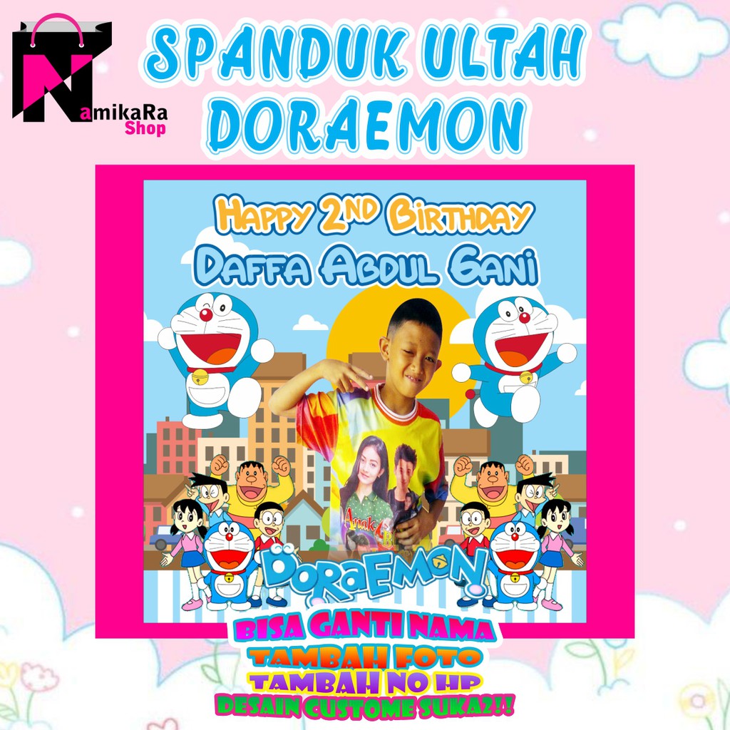 Banner Spanduk Backdrop Happy Birthday Ulang Tahun Tema Doraemon Ukuran 1mx1m Murah