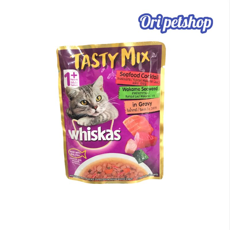 Whiskas Tasty Mix Pouch Sachet 70gr - Seafood Cocktail Wekame Seaweed in Gravy