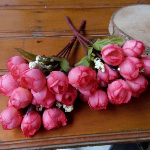 Bunga artificial mawar kuncup 15 kepala bunga-Pink tua