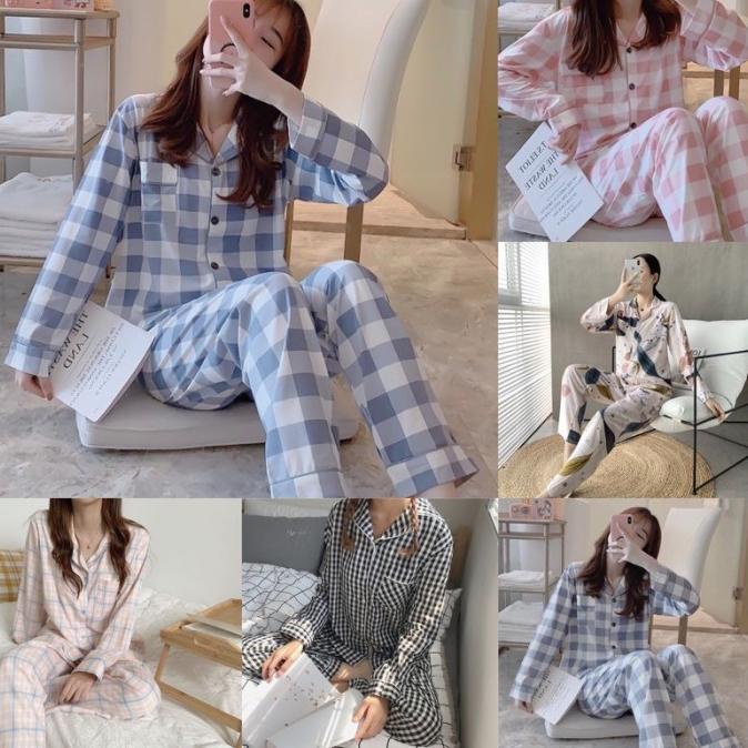 Setelan Piyama Import Wanita Set Baju Tidur Korea Kotak Lengan Panjang