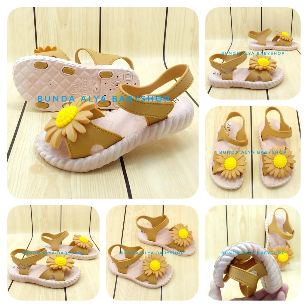 Sendal Anak Perempuan IMPORT Usia 3 4 Tahun COKLAT Elastis - Sepatu Sandal Slop Anak Cewek Lentur Bunga Kuning Alas Karet Anti Licin