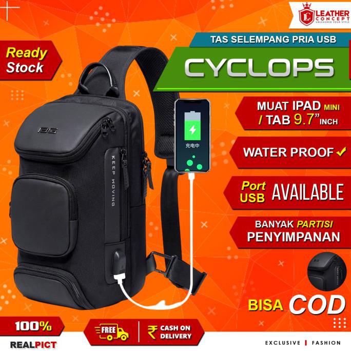 -SIAP KIRIM- TAS SELEMPANG PRIA TAS PRIA SLING BAG PRIA CHARGER USB - CYCLOPS