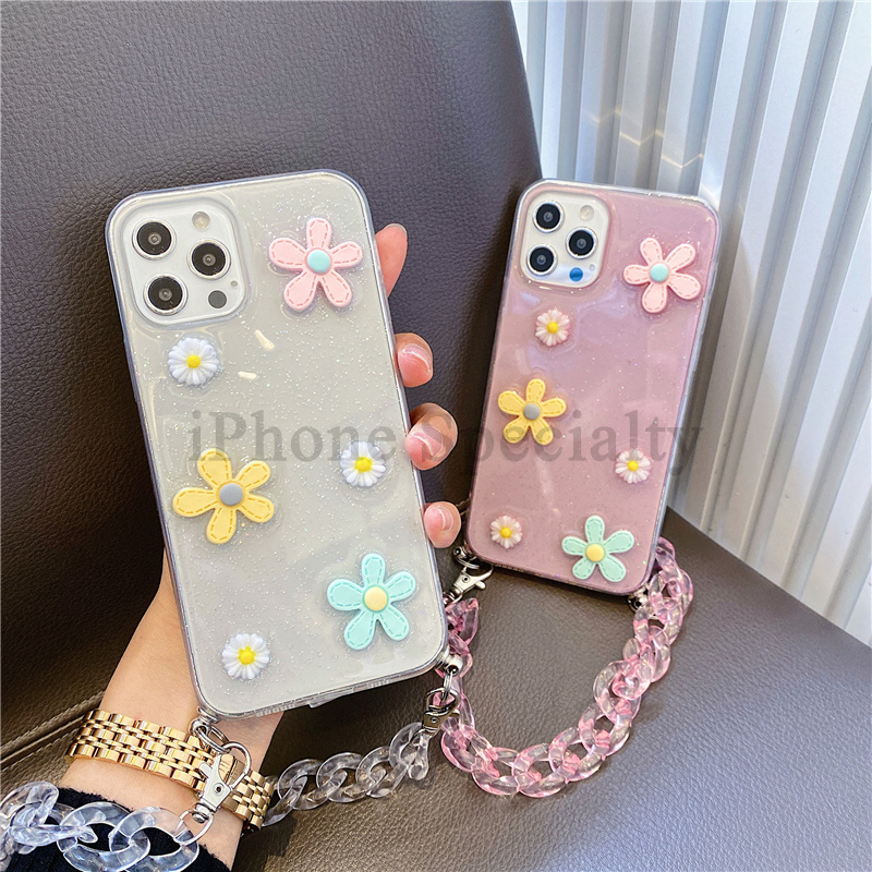 【Lanyard iphone case】 bracelet Suitable for iPhone12pro Max 11pro Max Xs Max XR 7/8 / SE 7+ 8+ 6 SPlus Bunga 3D mengkilap