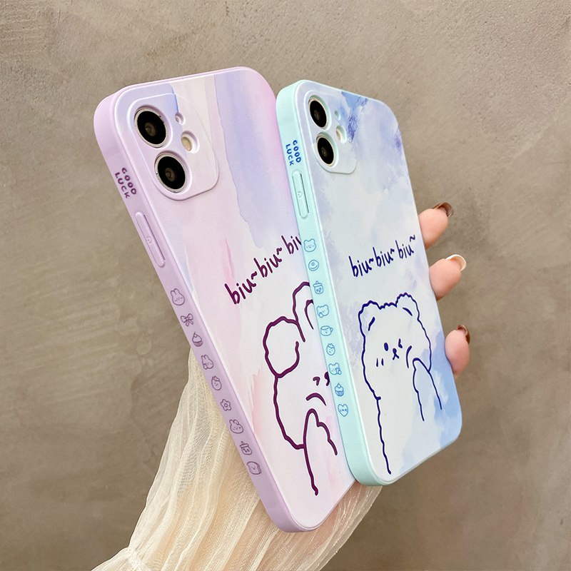 Cube Frosted Silicone Case iPhone 6S 7 8 Plus XR XS Max ipHone 11 12 13 Pro Max Casing Cute Xiaomi Redmi 9A 9T nOTE 8 9 10 Pro Cartoon Back Cartoon Bear Protect Case Girl Fashion