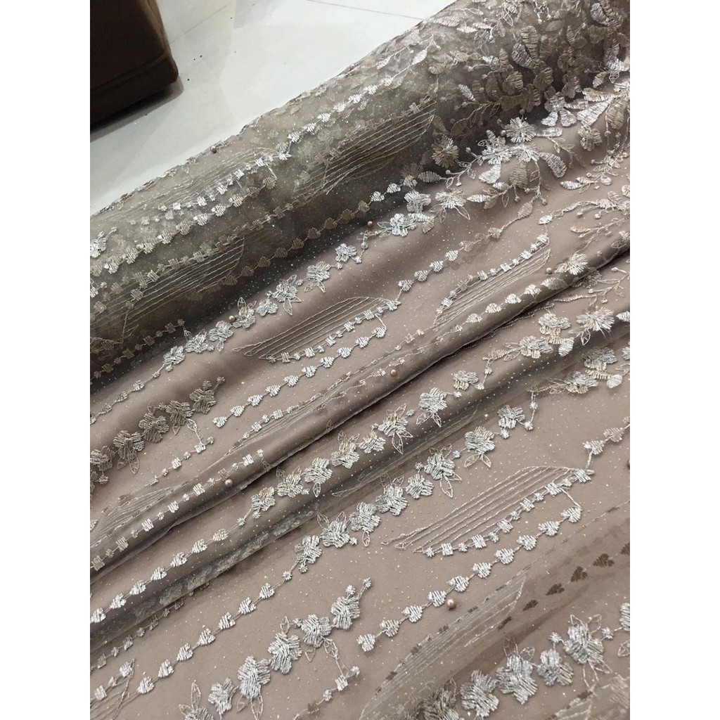 Kain Brokat Tile Bordir Beverly Mutiara Warna Mocca