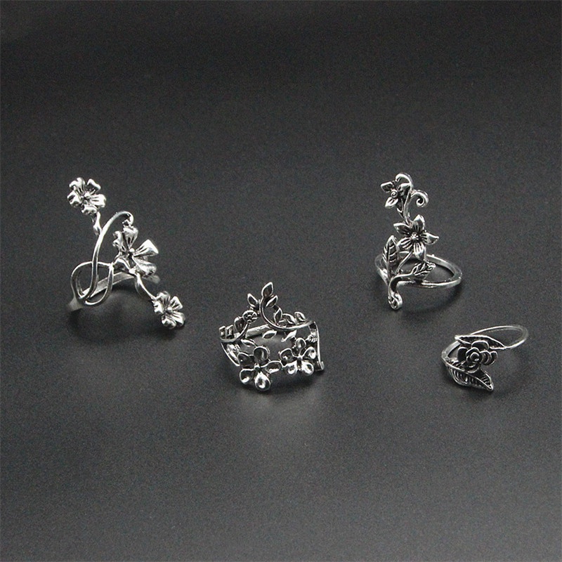 4pcs / Set Cincin Silver Antik Desain Daun Bunga Rambat Untuk Wanita