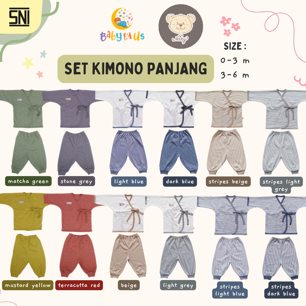 Kimono Panjang Set Nary Baby - Set Kimono Bayi Lengan Panjang Celana Panjang Bahan Kaos 0-3 3-6 bulan