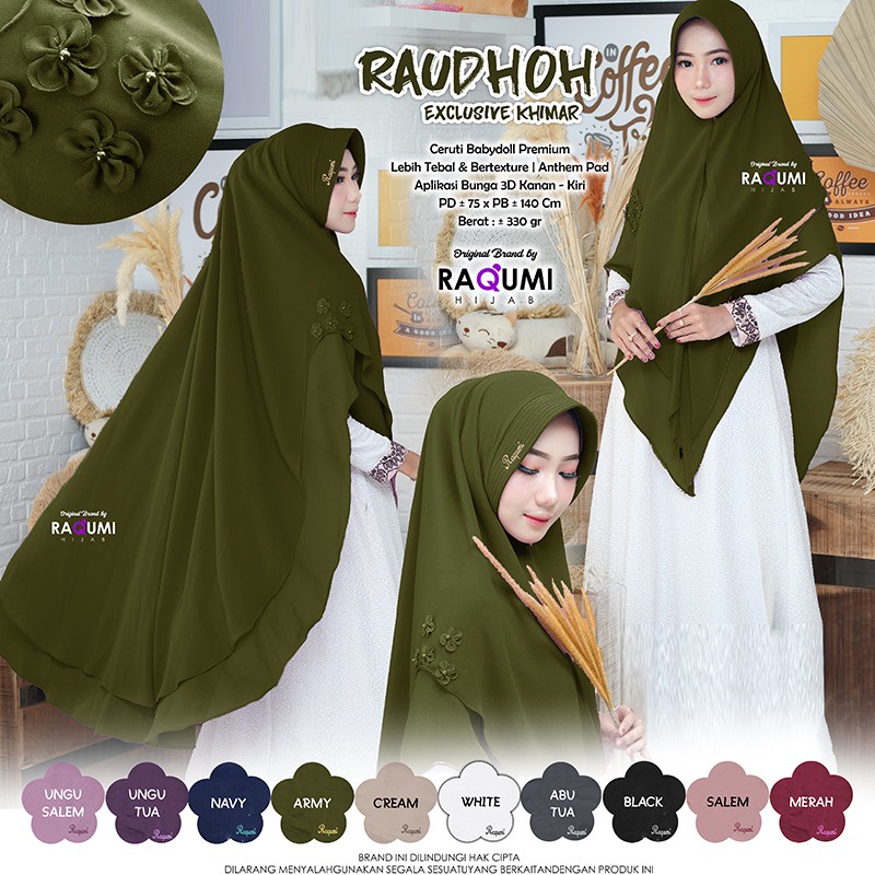 Raqumi Hijab Syarii - Raudhoh Exlusive Khimar Original Berlabel By Raqumi Hijab Solo - Hijab Ceruty 