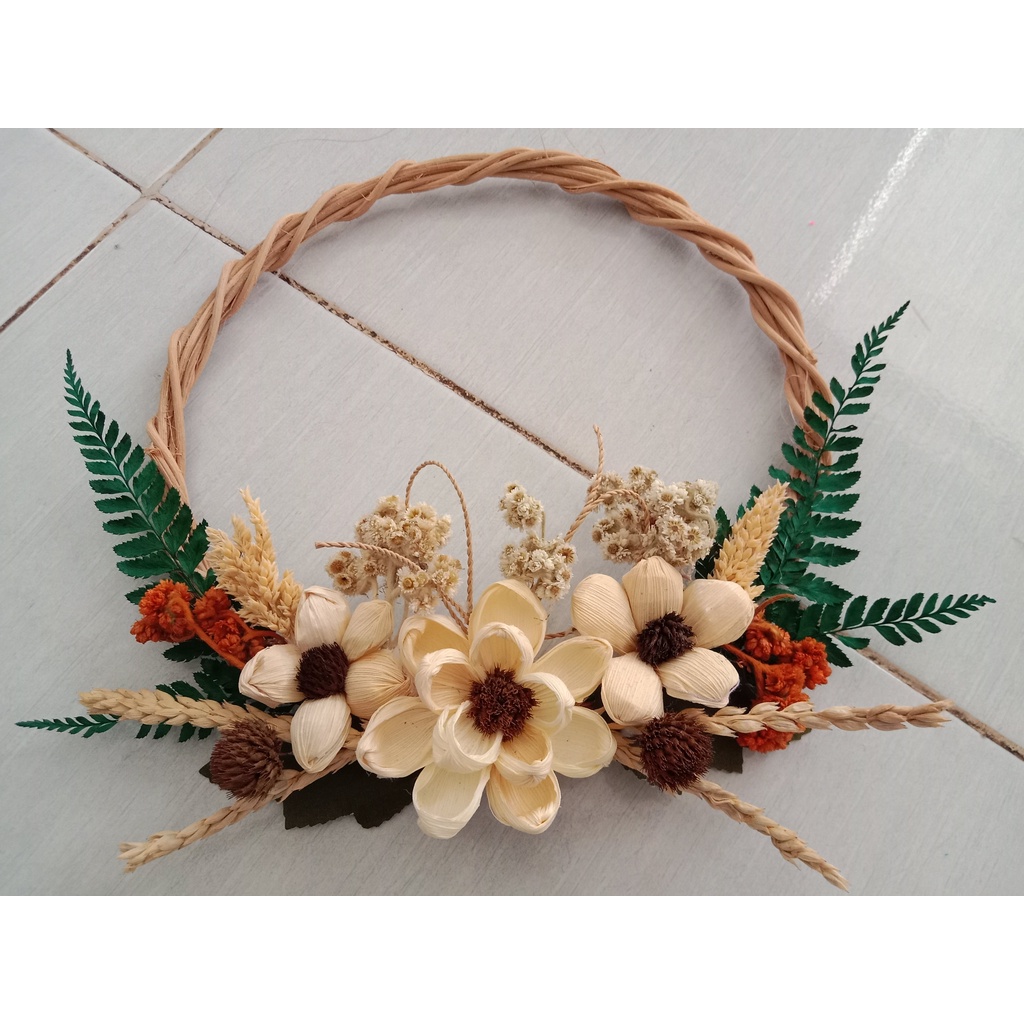 Mini Ring Bunga Kering Rustic Ring Rotan Dekorasi Pintu Hiasan Ring Mahar (bunga natural)
