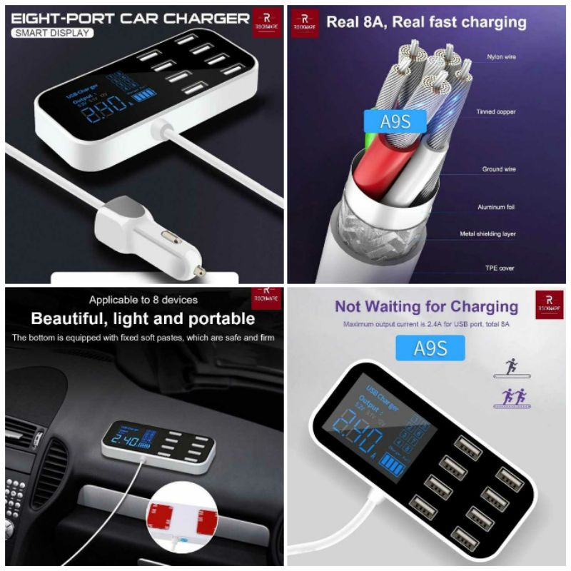ROCKWARE WLX-A9S - Car Charger Mobil 8 USB Port dan layar LCD