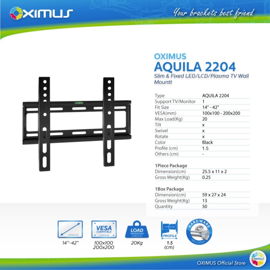 BRACKET TV LED LCD MONITOR 14&quot;-42&quot; OXIMUS AQUILA 2204 WALL MOUNT FIXED