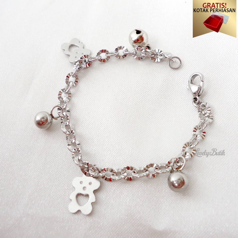 lovelybutik - Gelang Anak Perempuan Titanium Anti Karat Gelang Tangan Bayi Model Bear Bayi Terbaru Dengan Mainan Dan Krincingan Berbunyi Bonus Kotak Perhiasan