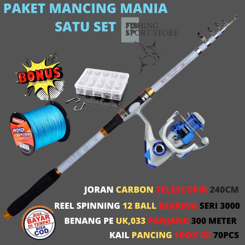 Spinning Fishing Reel 2.4M Fishing Rod Set Combo Pancing Karbon Fiber Dengan Reel Bahan Metal Full U