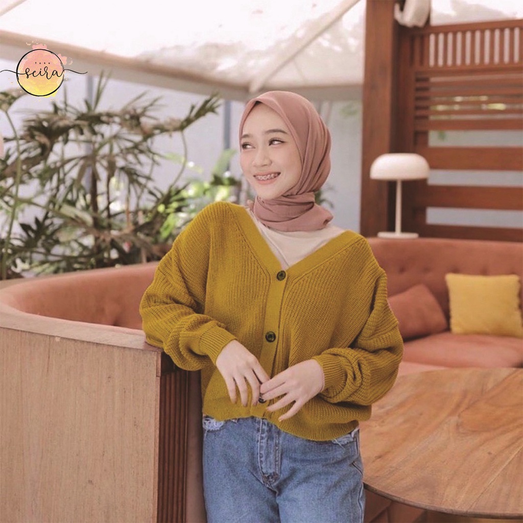 [BISA COD] Olivia Cardy Crop Tebal / Eireen Crop Cardy / Kardigan Rajut Olivia / Cardi balon-Olivia Mustard