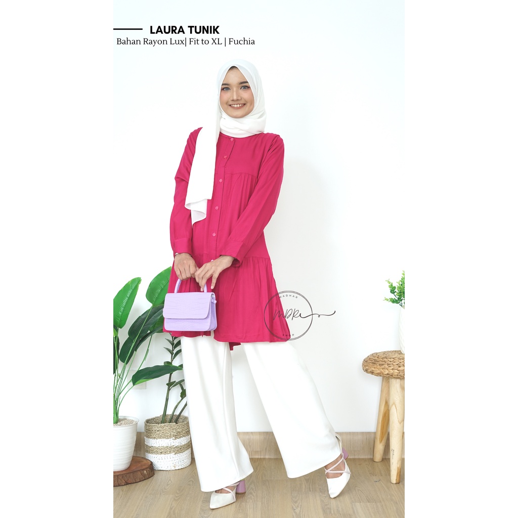 Laura Tunik Baju Atasan Wanita Muslim Busui Jumbo Polos Bahan Rayon Lux Premium Adem Fit to XL Ld 114 - Pakaian Wanita Remaja Full Kancing Depan Terbaru - Tunik Putih Basic Lengan Panjang Terlaris