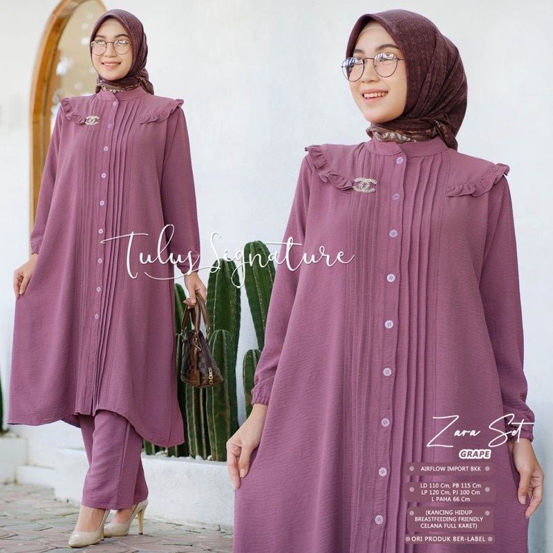 Zara Set/Stelan Long Tunik Cringkle Airflow/One Set Long Tunik Cubit Terbaru