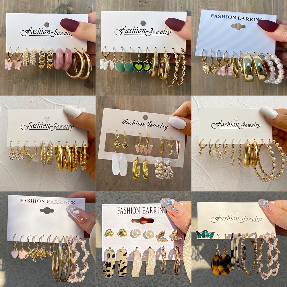 5pcs / Set Anting Hoop Liontin Kupu-Kupu Mutiara Untuk Aksesoris Perhiasan Wanita