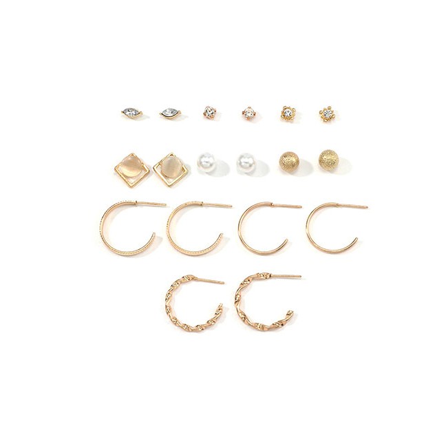 LRC Anting Set Fashion Golden Geometric Pearl And Diamond Earring Set D63056