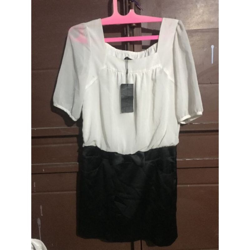 dress midi japan hitam putih branded wanita gaun cewek