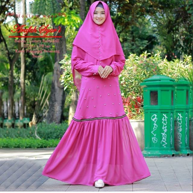 Gamis ceruty babydoll mutiara, Gamis set khimar ARAFAH SYARI Fuschia/Fanta (mewah/pesta)