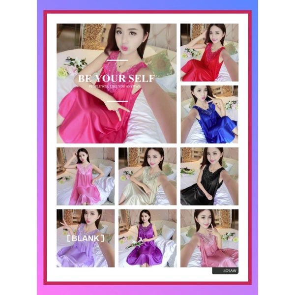 Daster Baju tidur Piyama sexy Bahan Satin Aksen Renda