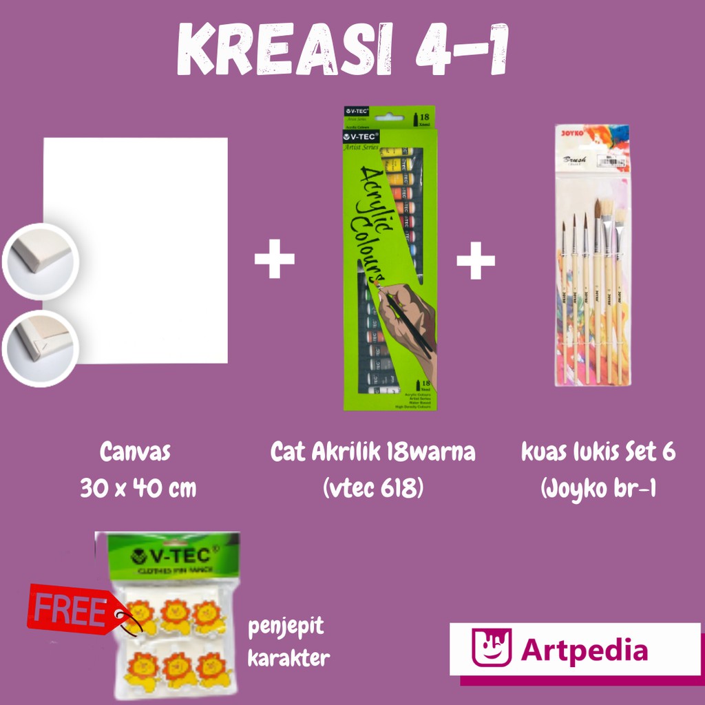 

Paket Melukis - Kreasiku D - Kanvas 30x40 cm + Kuas Set 6 + Cat akrilik set 18 warna - Painting Kit - Paket lukis
