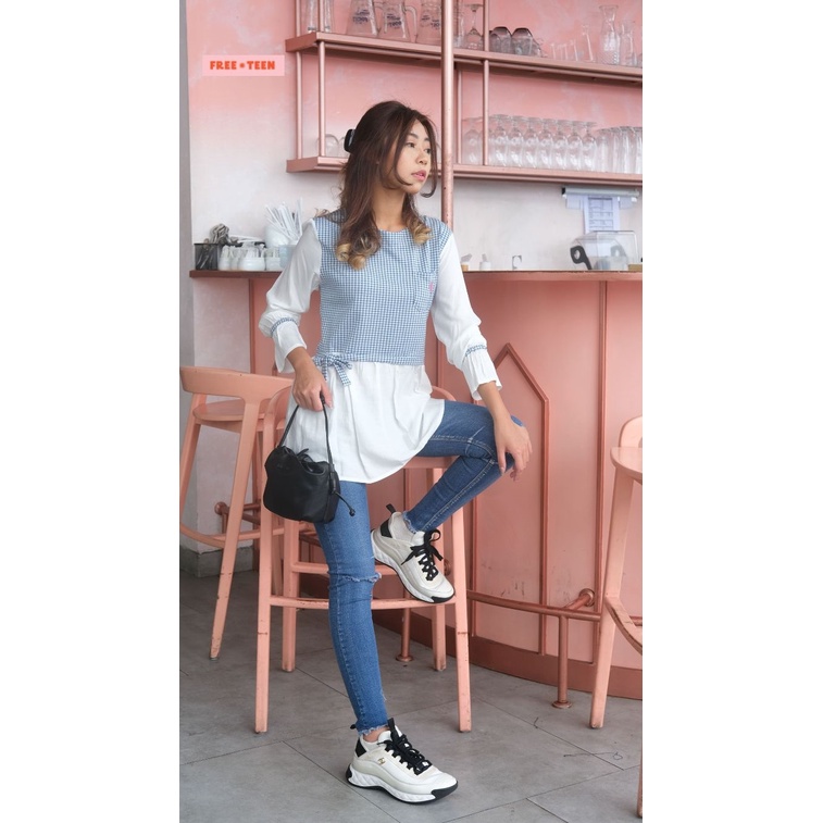 Blouse Atasan Missty Freeteen Wanita Atasan Warna Putih Biru Motif Kotak (Kalmia 166)