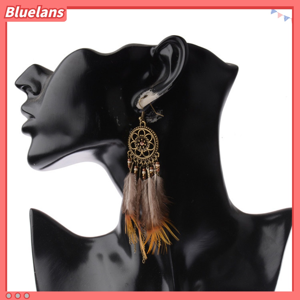 Anting Kait Rumbai Panjang Desain Dream Catcher Aksen Bulu Untuk Wanita