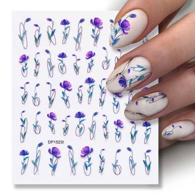 Stiker Kuku 3D Motif Bunga Ungu Dan Daun Untuk Dekorasi Nail Art