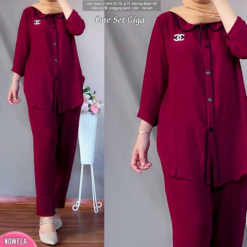 GIGA SET CRINKLE AIRFLOW POLOS LD 110  / GIGA  SETELAN CRINKLE TERBARU / CRINKLE WANITA LIS KANCING TERBARU / SETELAN CELANA KULOT / One Set Setelan Plus Celana Panjang Fashion Muslim Wanita Modern / Citayan Fashion Week / Izdihaar Olshop