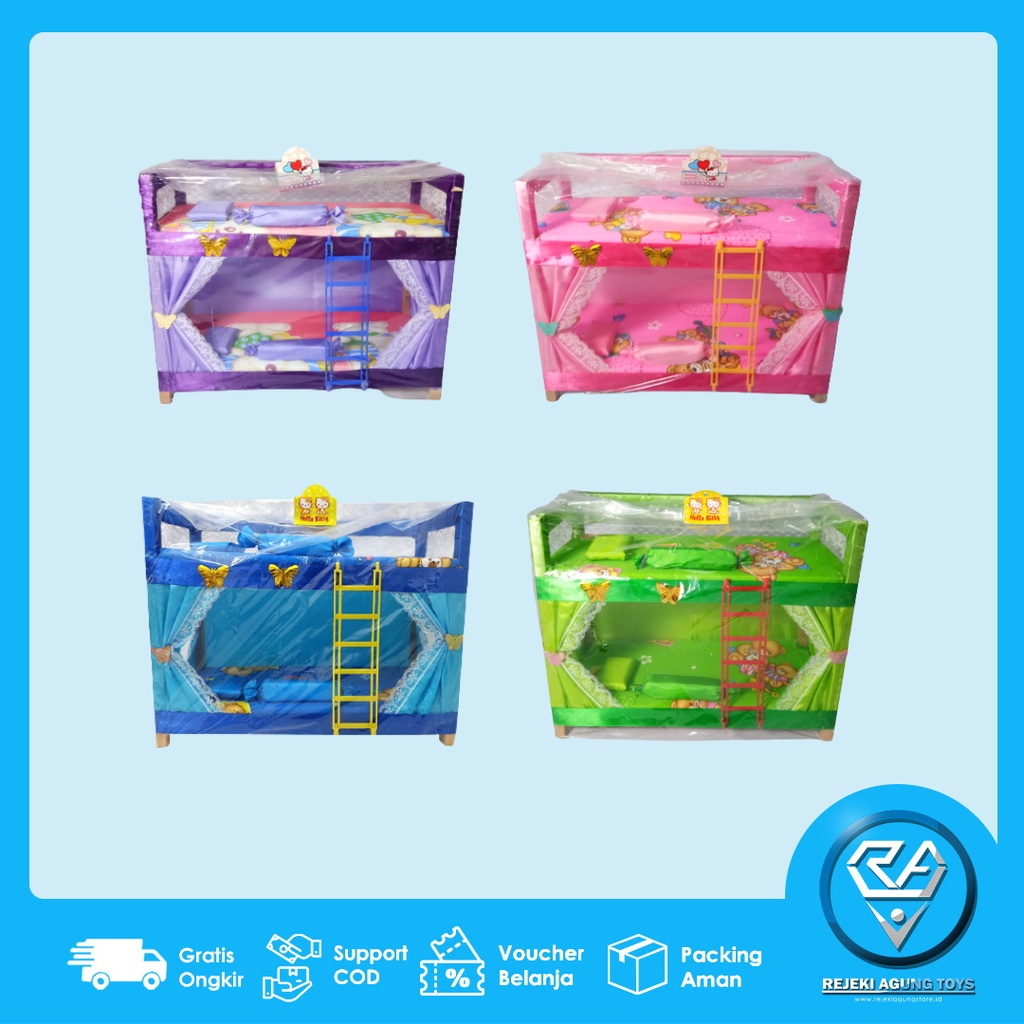 Mainan Tempat Tidur Berbie Tingkat Klambu Berbie| Kasur Boneka Berbie Ranjang Kasur Tempat Tidur Kay
