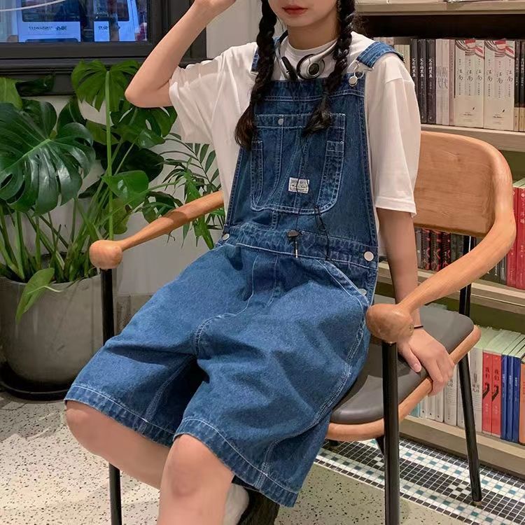 Overall denim biru musim panas wanita 2022 baru Jepang retro longgar celana lebar kaki kecil celana