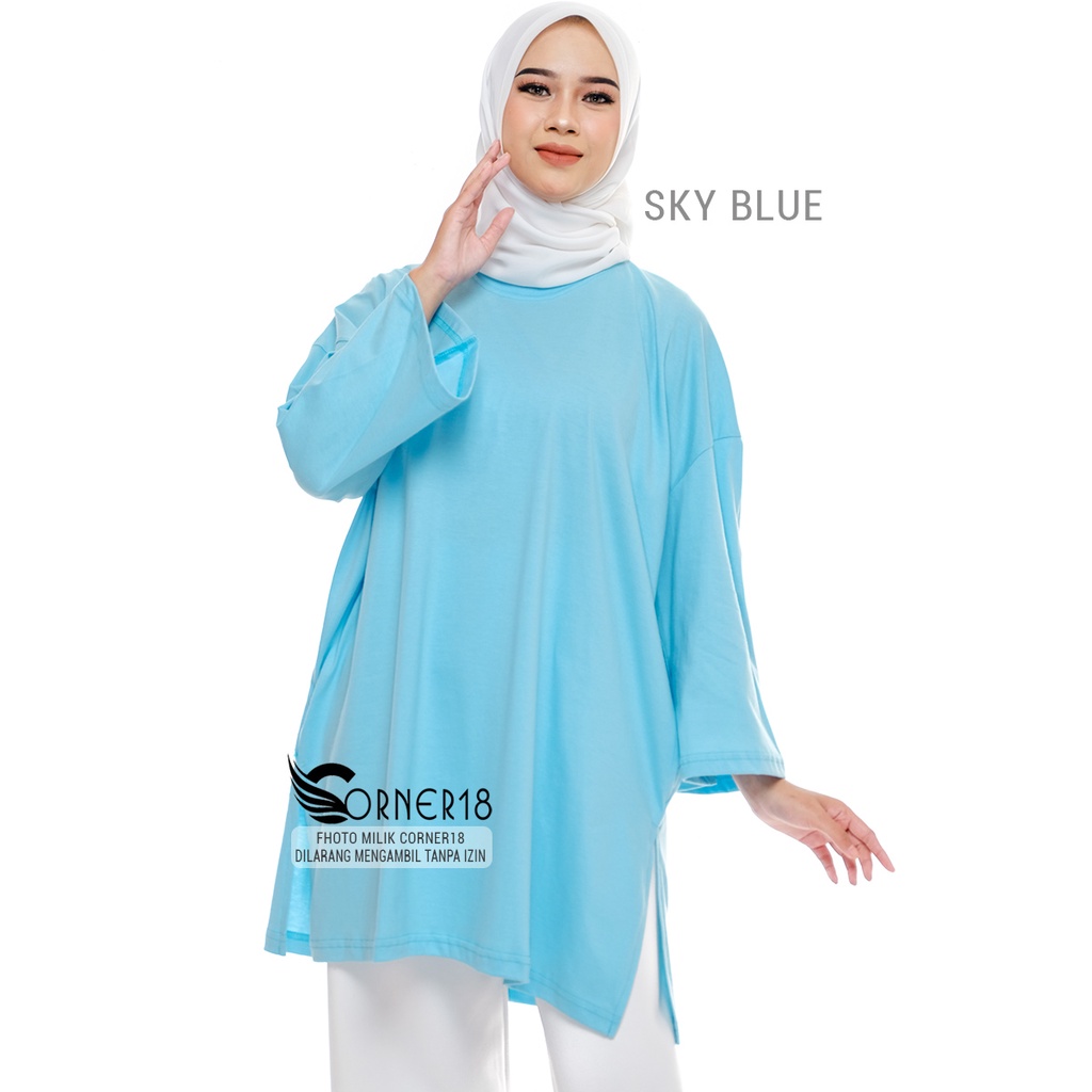 CORNER18 KAOS OVERSIZE WANITA TOP HIJAB BASIC PREMIUM KATUN BIRU LANGIT