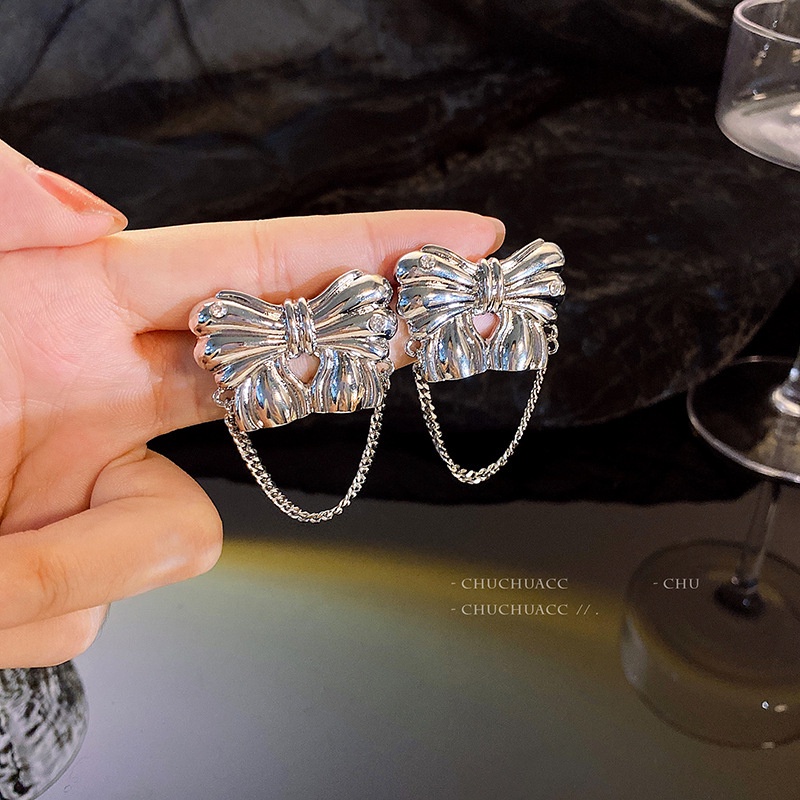 Anting Rantai Logam Desain Pita Bahan 925 Silver Needle Gaya Korea Untuk Wanita