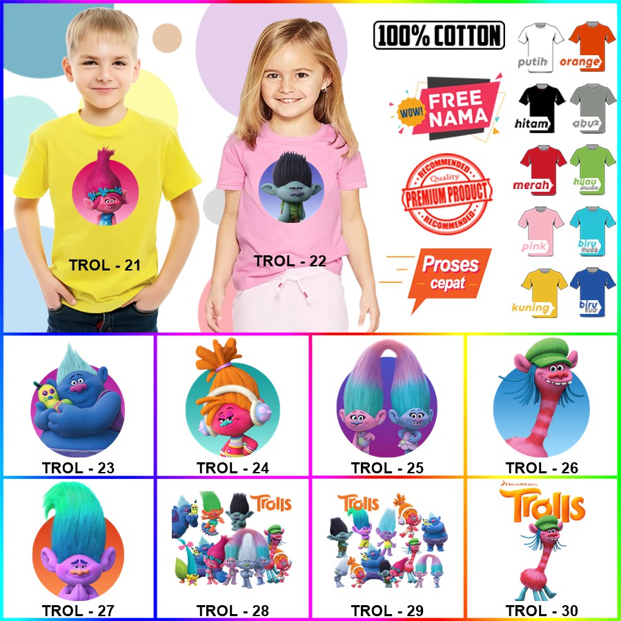 Baju Kaos ANAK DAN DEWASA TROLLS COUPLE (FREE NAMA)